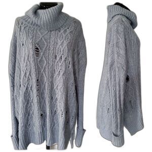 NEW Free People Sweater Women's Small Blue Gray Cable Knit Distressed Cowl Neck
